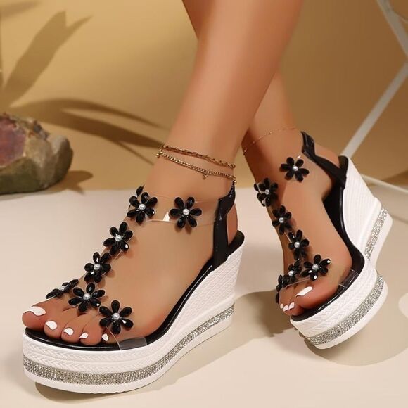 Macy's Black Floral Wedge Sandals. Beautiful - Picture 1 of 7